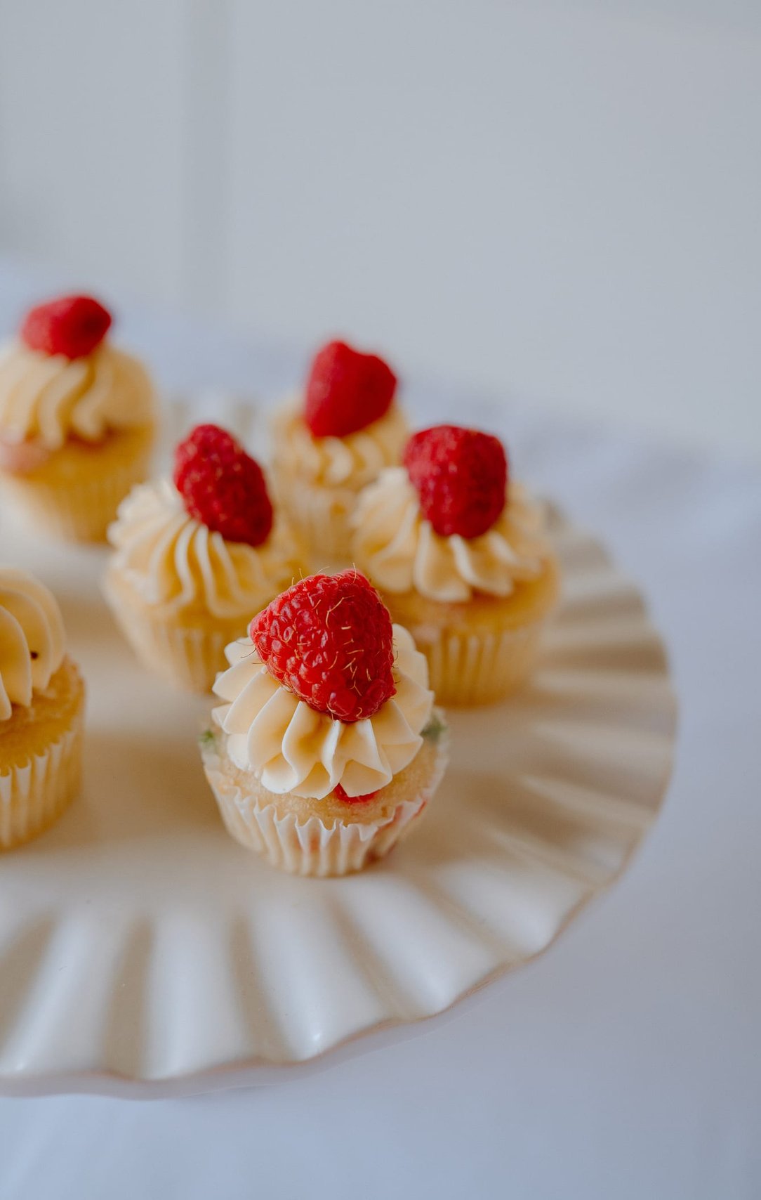 Mini cupcakes topped with buttercream swirls and fresh raspberries by All Things Cake in Denver, CO